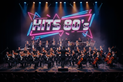 En el fondo dels escenario pon HITS 80´s